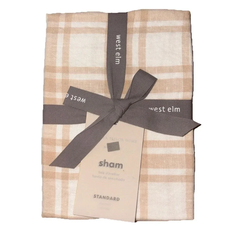 West Elm Pillow Sham Standard‎ 20” x 16” 100% Linen Tartan Beige Plaid Coastal